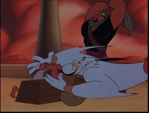 Genie successfully prevents a tricked Razoul from wrongfully beheading Aladdin.