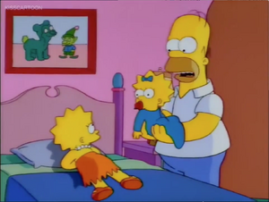 Homer Simpson comforts Lisa over the death of Bleeding Gums Murphy.