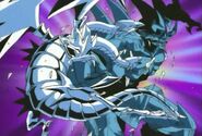 Blue-Eyes Ultimate Dragon being punched in the belly by Obelisk the Tormentor after trying to defeat him