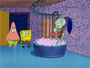 Squidward screaming while taking a bath.