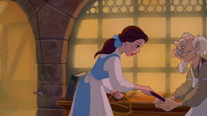 Belle returning a book to the bookseller.