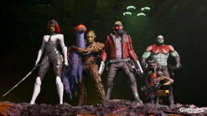 Drax with his teammates in the upcoming video game, Guardians of the Galaxy.