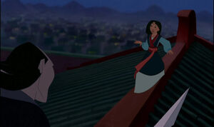Mulan being cornered by Shan Yu.