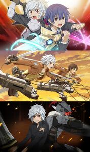 Bell Cranel collaborates with his fellow main anime protagonists Shido Itsuka, Eren Yeager, and Goblin Slayer