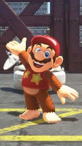 Mario wearing the Diddy Kong Suit in Super Mario Odyssey.