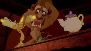 Mrs. Potts and Lumière advising Beast how to behave himself and impress Belle.