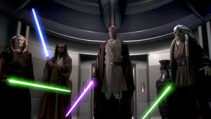 Mace Windu leading a team of Jedi