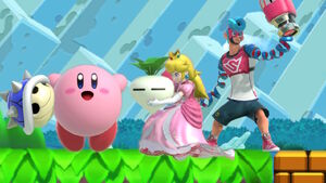 Spring Man along with Princess Peach and Kirby in Super Smash Bros. Ultimate.