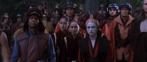 Sabé starting to plead for Boss Nass's help in fighting against the Trade Federation.