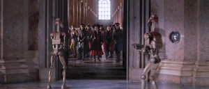 Sabé arriving at the throne room, distracting Gunray and saving Padmé.