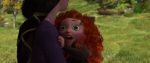 Young Merida screaming when she sees the monstrous bear, Mor'du lurking above her and Elinor.