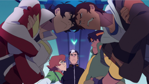 Keith Lance butting heads while Pidge Hunk glare