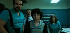 Joyce, Hopper, Mike, and Owens witnessing Bob bringing the lab's power back on.