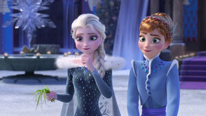 Elsa and Anna grossed out when Kristoff licks the statue of Flemmingrad.