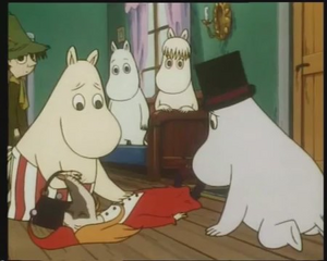 Moomin Family and Snufkin with Defeated Fillyjonk