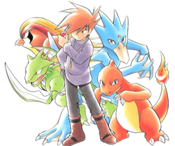 red, blue oak, and green (pokemon and 1 more) drawn by nakoromo