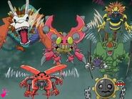 Tentomon with Flymon, Snimon, Thundermon, Hagurumon, Airdramon and Kuwagamon