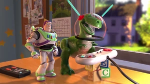 Buzz and Rex after seeing Woody fall to the floor.