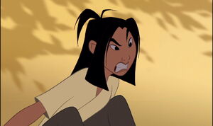 Mulan growling at Mushu, which impresses him.