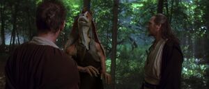 Obi-Wan hearing from Jar Jar that the safest place to hide from the battle droids would be his home in Gungan City.