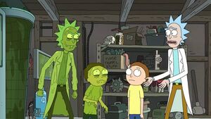 Toxic Rick and Toxic Morty vs. Healthy Morty and Healthy Rick.
