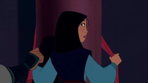 Before scaling up the palace with her friends, Mulan receives a tap on the shoulder from Shang.