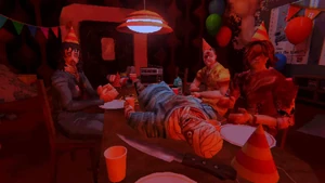 Curly being laid out in front of the corpses of his crew, moments before Jimmy saws off his leg.