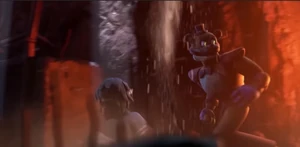 Gregory and Glamrock Freddy escape the collapsing pizzeria.