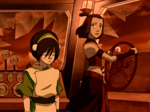 Suki and Toph genuinely concerned for Aang during the Battle at Wulong Forest against Phoenix King Ozai.