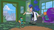 Dr. Doofenshmirtz complains about how Perry always busts down his doors.