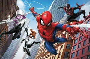 Spider-Gwen with Spider-Man, Miles Morales, and Spider-Girl.