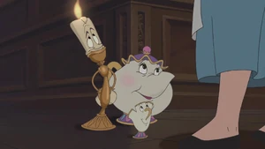 Mrs. Potts, Chip, and Lumieré finding Belle.