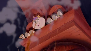 Mrs. Potts and her children pouring hot tea onto the rioters.