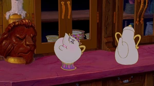 Mrs. Potts not caring what Beast had ordered when Cogsworth reminds her.