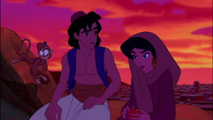 Abu watching Aladdin and Jasmine talk.