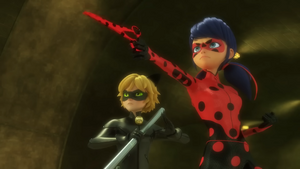 As they finally catch up with them, Ladybug and Cat Noir demands Felix to release Kagami and hand over the Peacock Miraculous