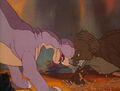 Littlefoot and Cera fighting after she insults his mother