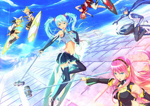 Miku and her Crypton team solar-surfing with metal hammers