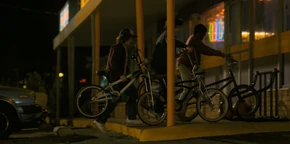 Lucas, Mike, and Dustin arriving at the Palace Arcade.