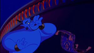 Carpet and Genie eavesdropping on Aladdin meeting with Jasmine.