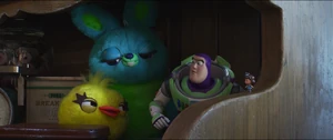 Buzz with Giggle McDimples, Ducky, and Bunny.