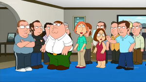 Meg, Lois and Peter confronted by a gang of men