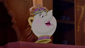 Mrs. Potts ordering the chef to start cooking.