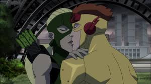 Artemis and Kid Flash kissing near Paris