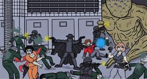 SCP-4051 alongside MTF Alpha-9 fighting the Blessed Militia and an Unclean.