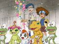 Taichi, Joe, Agumon, Gomamon and Palmon with Two Gekomon.