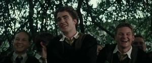 Cedric and his classmates laughing when Professor Alastor "Mad-Eye" Moody humiliates Draco Malfoy.
