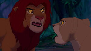 Simba refusing to return home and save The Pride Lands and arguing with Nala