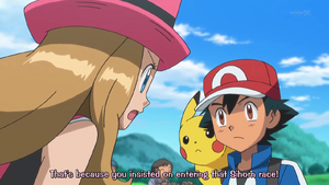 Ash being reminded by Serena that he insisted in participating in the Rhyhorn race