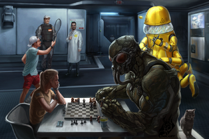 SCP-163 playing tennis with SCP-507, while SCP-2273 plays chess with SCP-191.